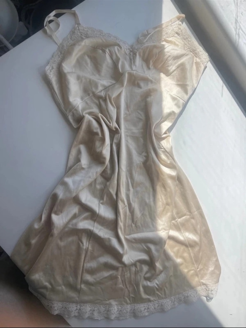 Silky Cream Slip Dress with Lace Trim
